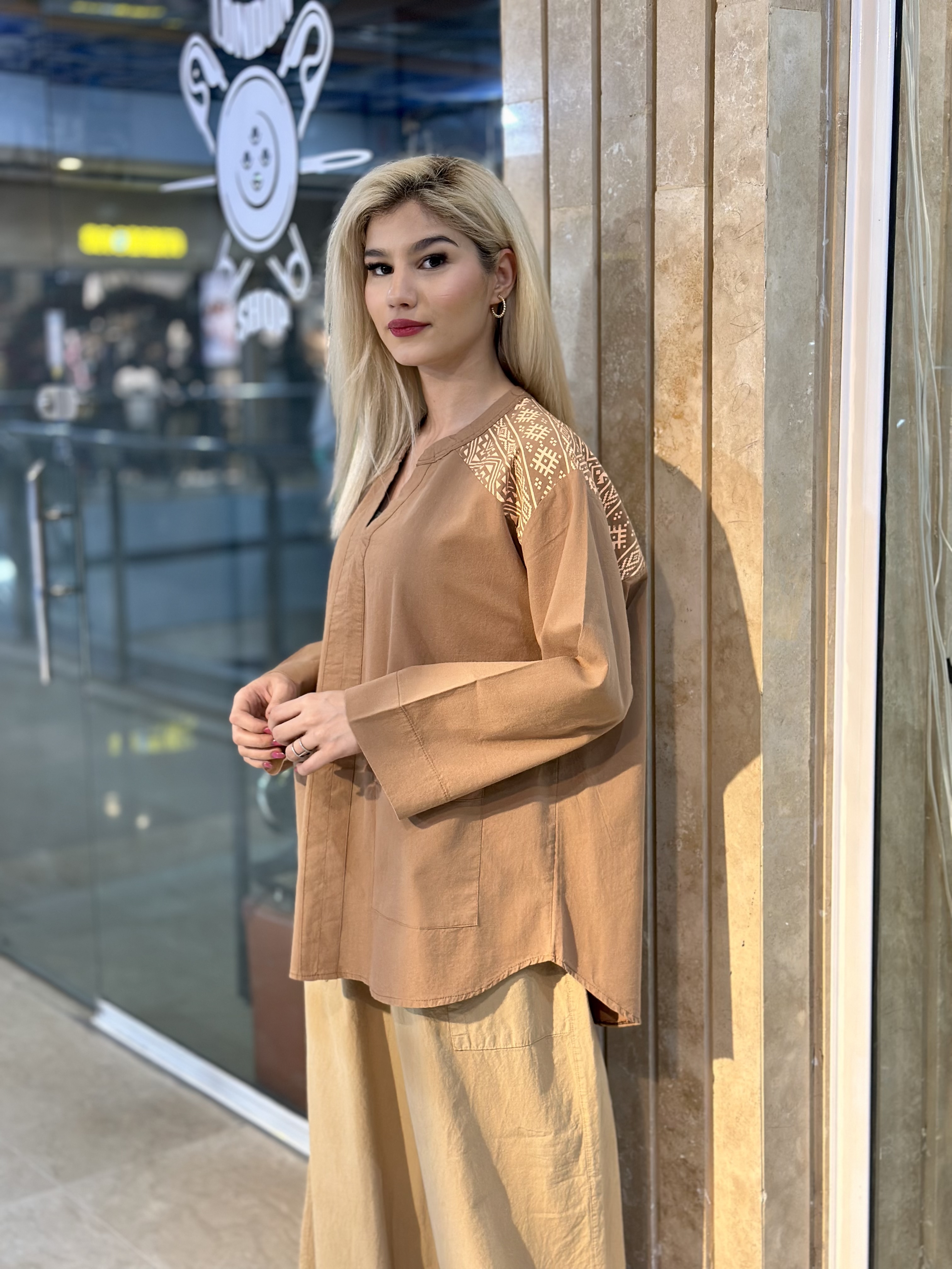 تونیک نخی بلند زنانه با طرح چاپی مدل خشت