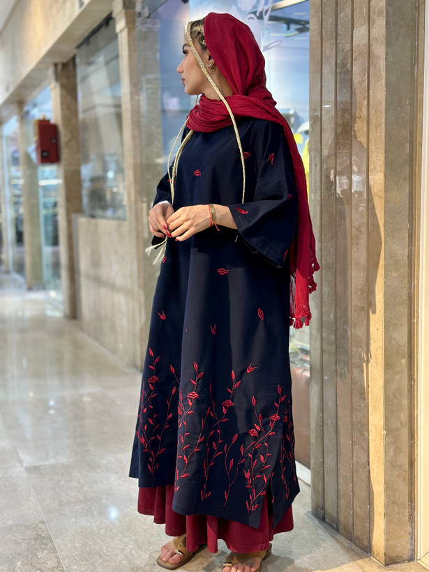پانچو جلو بسته لینن گلدوزی شده زنانه